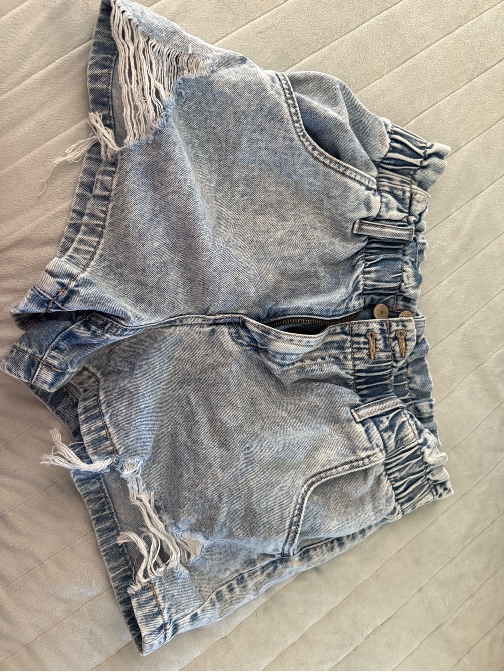 SO Light Blue Paperbag Waist Distressed Denim Shorts